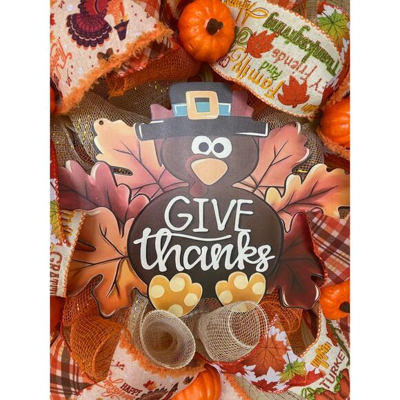 Give Thanks Thanksgiving Turkey Wreath – Fall Harvest Front Door Decor - Picture 3 of 7